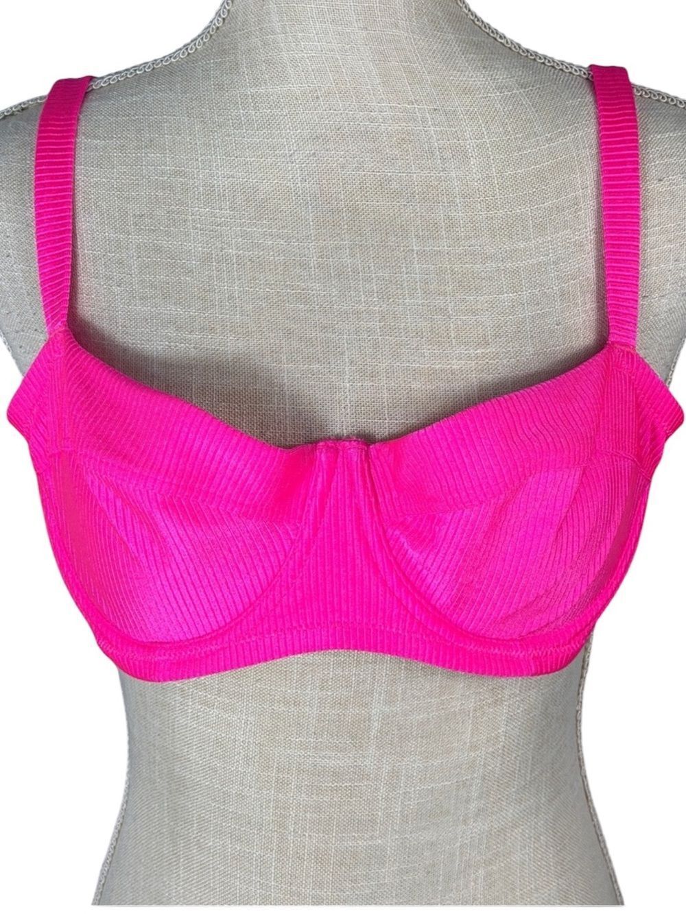 Aerie Neon Pink Shine Ribbed Unlined Underwire Bikini Top Size 38D